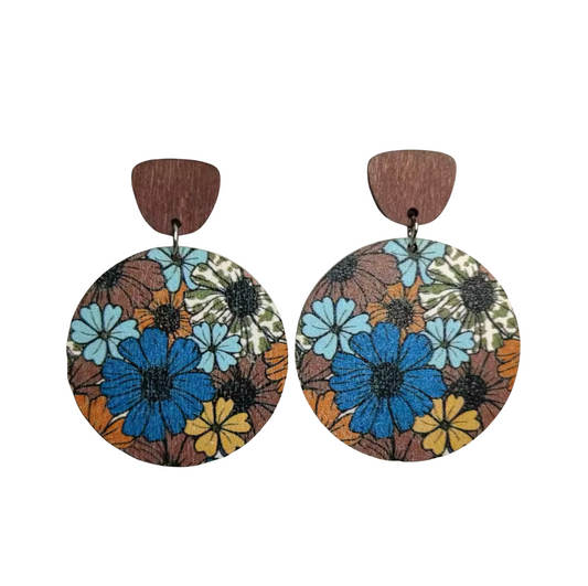 Blue & Brown Floral Round Drop Earrings