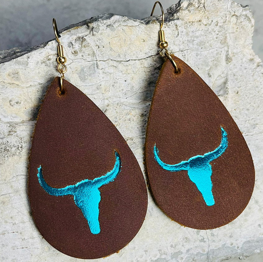 Brown Faux Leather Teardrop & Bright Blue Longhorn Drop Earrings