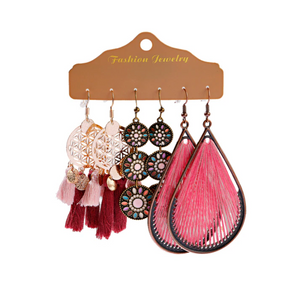 Pink Tassled, Teardrop & Floral Set Of 3 Earrings