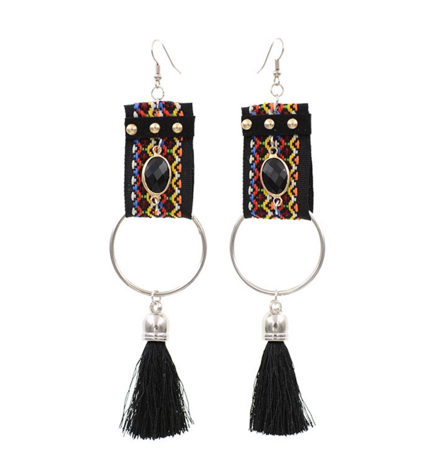 Silvertone Stitched Drop Earrings with Tassel