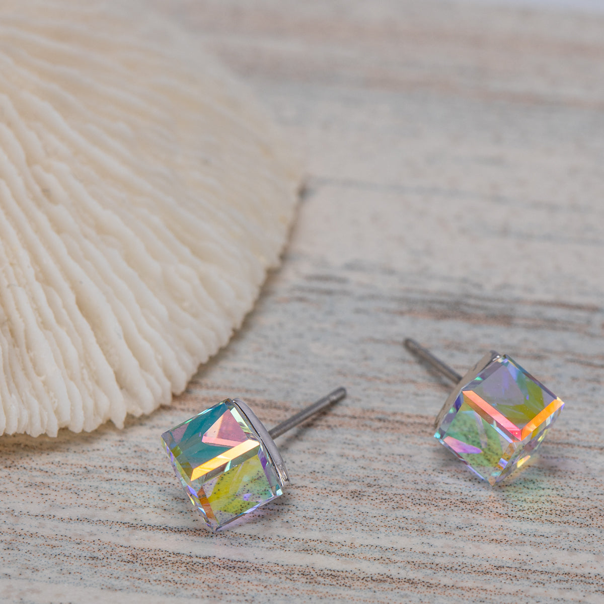 Aurora Borealis Swarovski Crystal Cube Stud Earrings