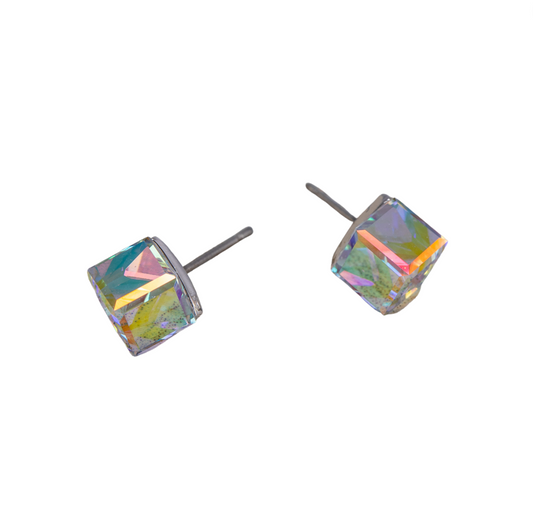 Aurora Borealis Swarovski Crystal Cube Stud Earrings