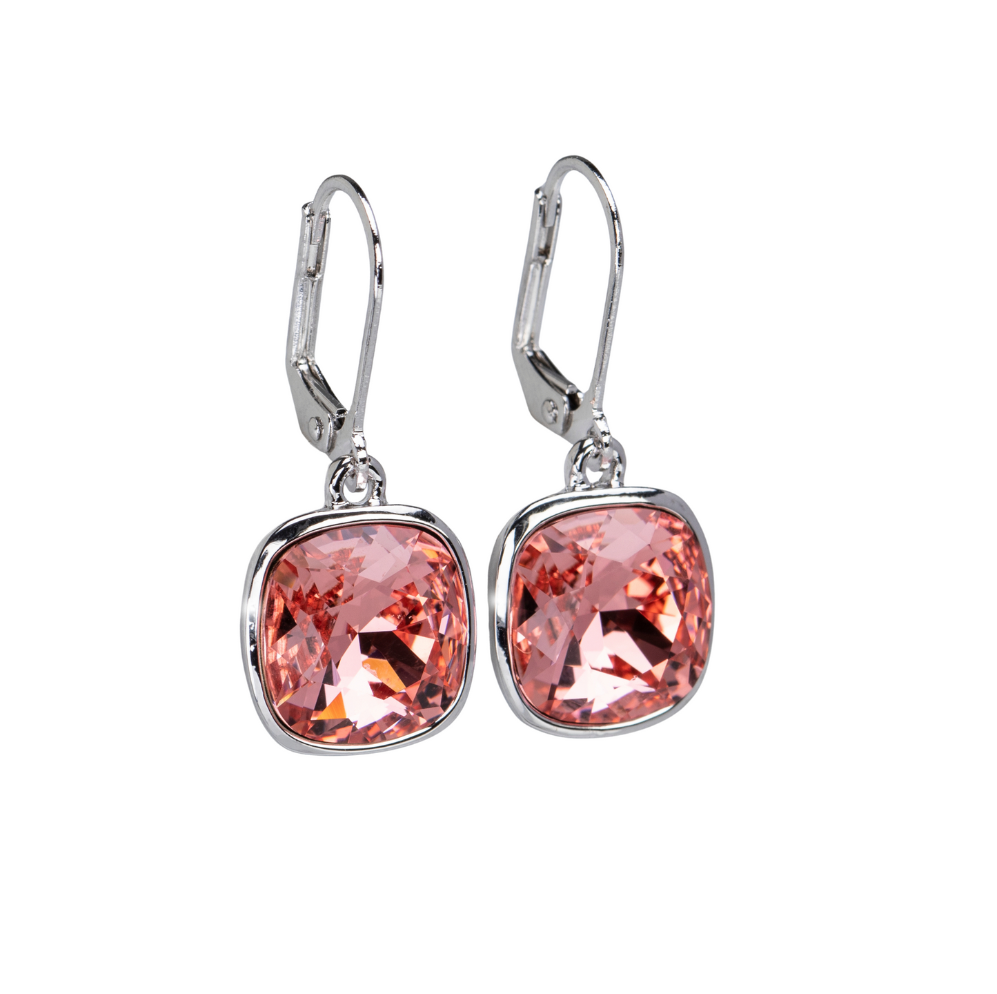 Padparadcha Cushion cut drop earrings with Swarovski crystals, rhodium plated sparkling design by callura