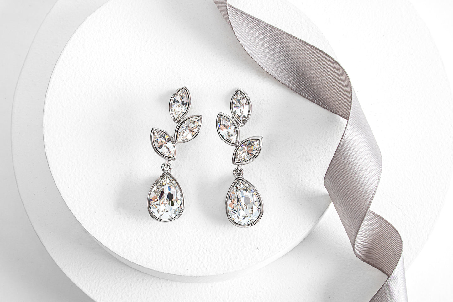 Clear Swarovski Crystal Tri-leaf Statement Drop Earrings