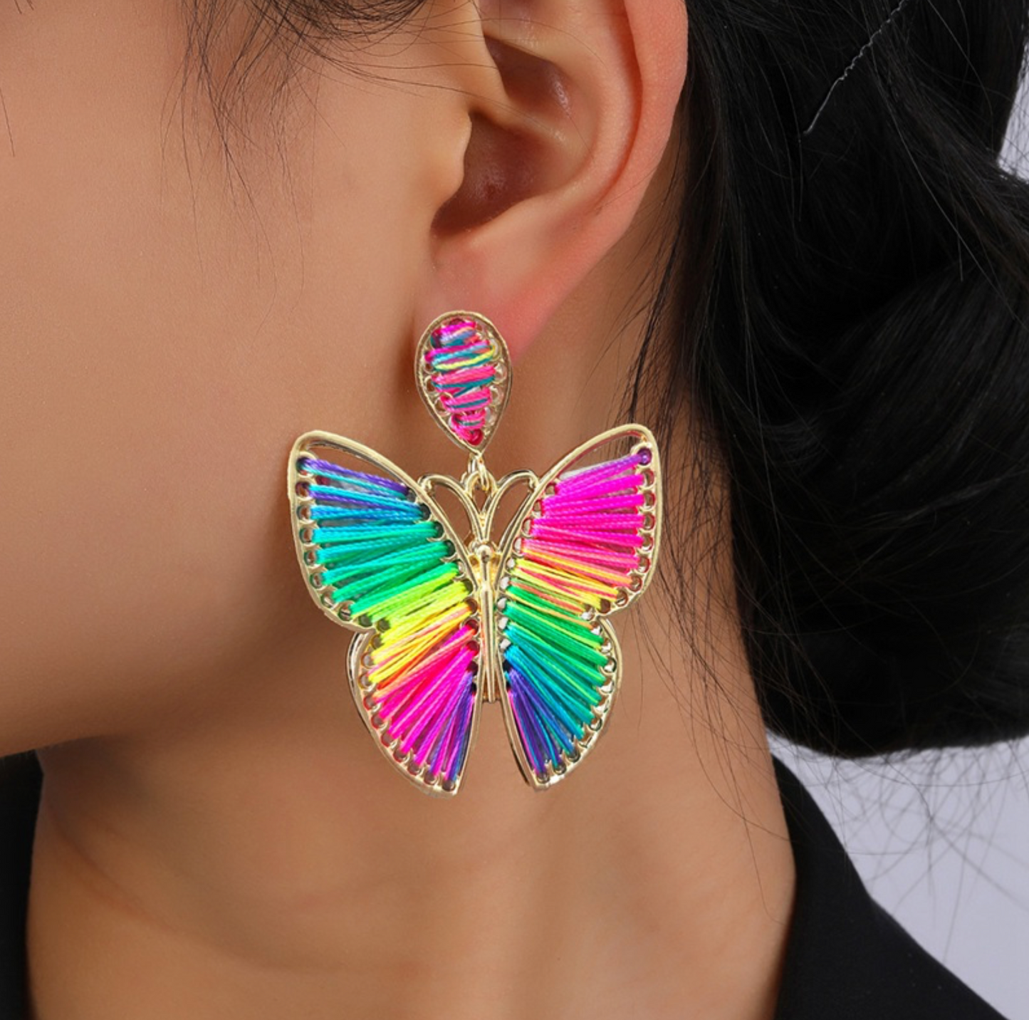 Goldtone & Neon Rainbow Coloured Threaded Butterfly Drop Earrings