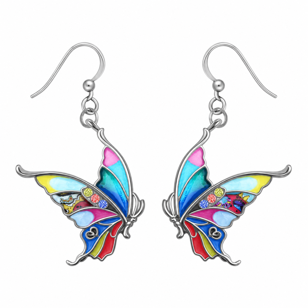 Multicolour enamel butterfly drop earrings with silver-tone outlines on white