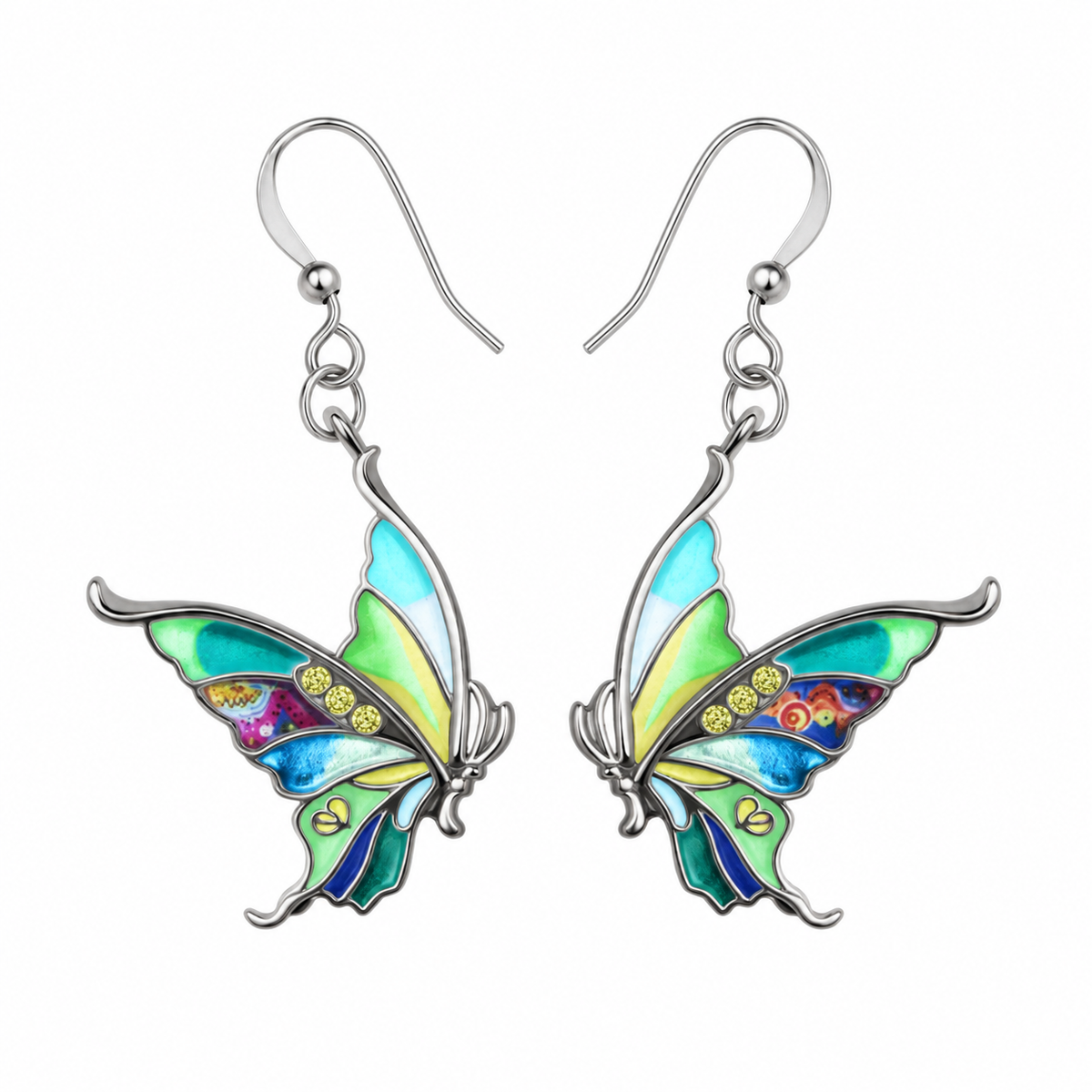 Green multicolour enamel butterfly drop earrings with silver-tone outlines on white