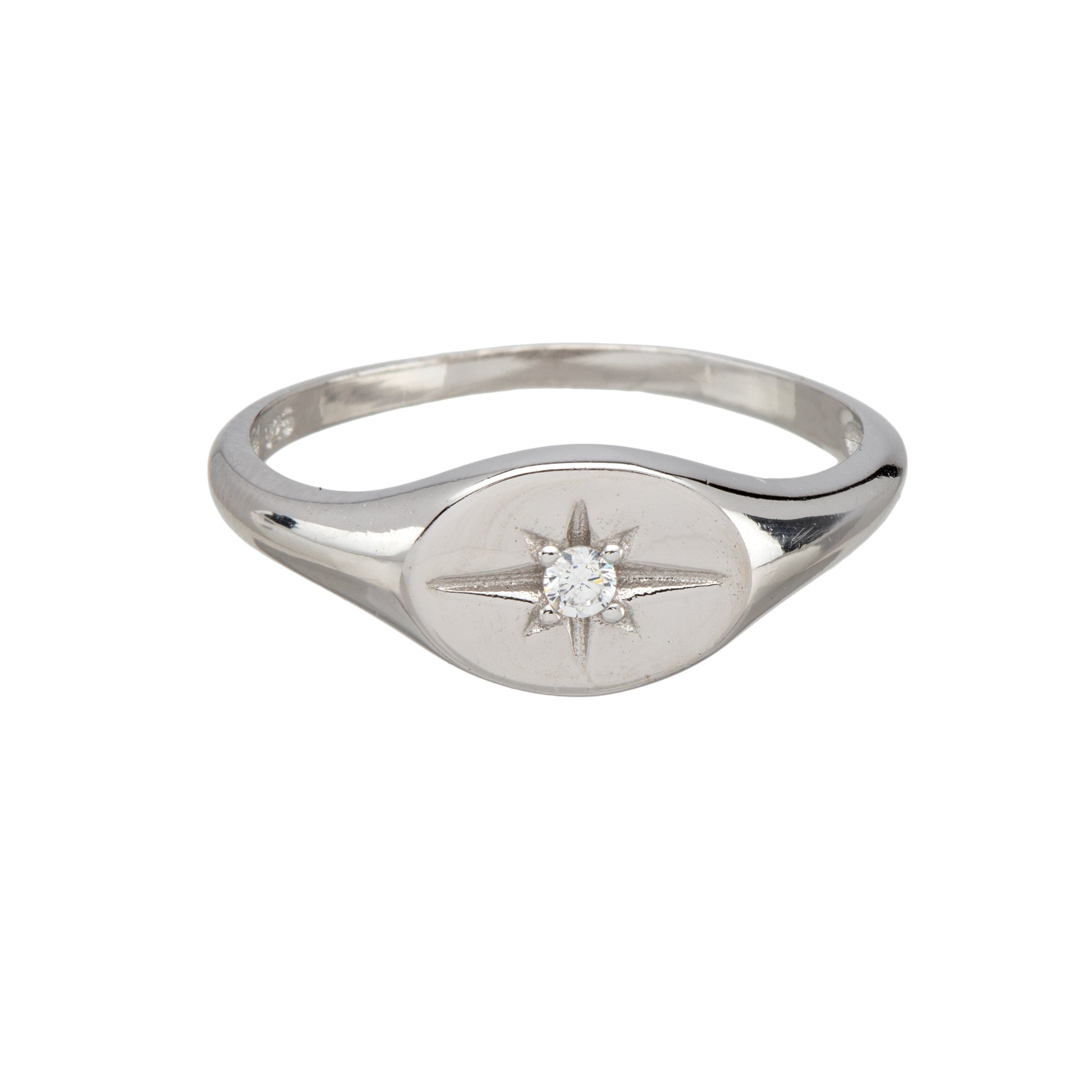 Rhodium-plated North Star signet ring with Swarovski crystal – front view