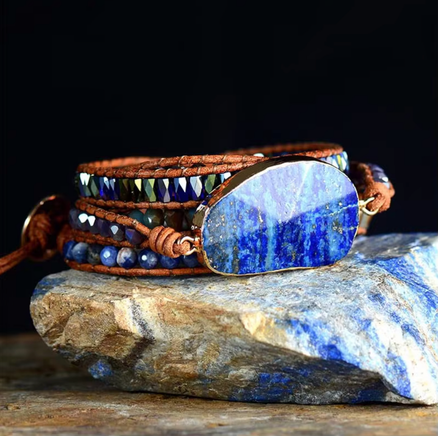 Goldtone Lapis Sodalite Gemstone Wrap Bracelet