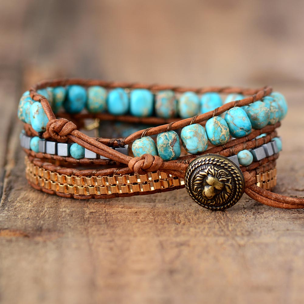 Turquoise Jasper Leather Stone Wrap Bracelet