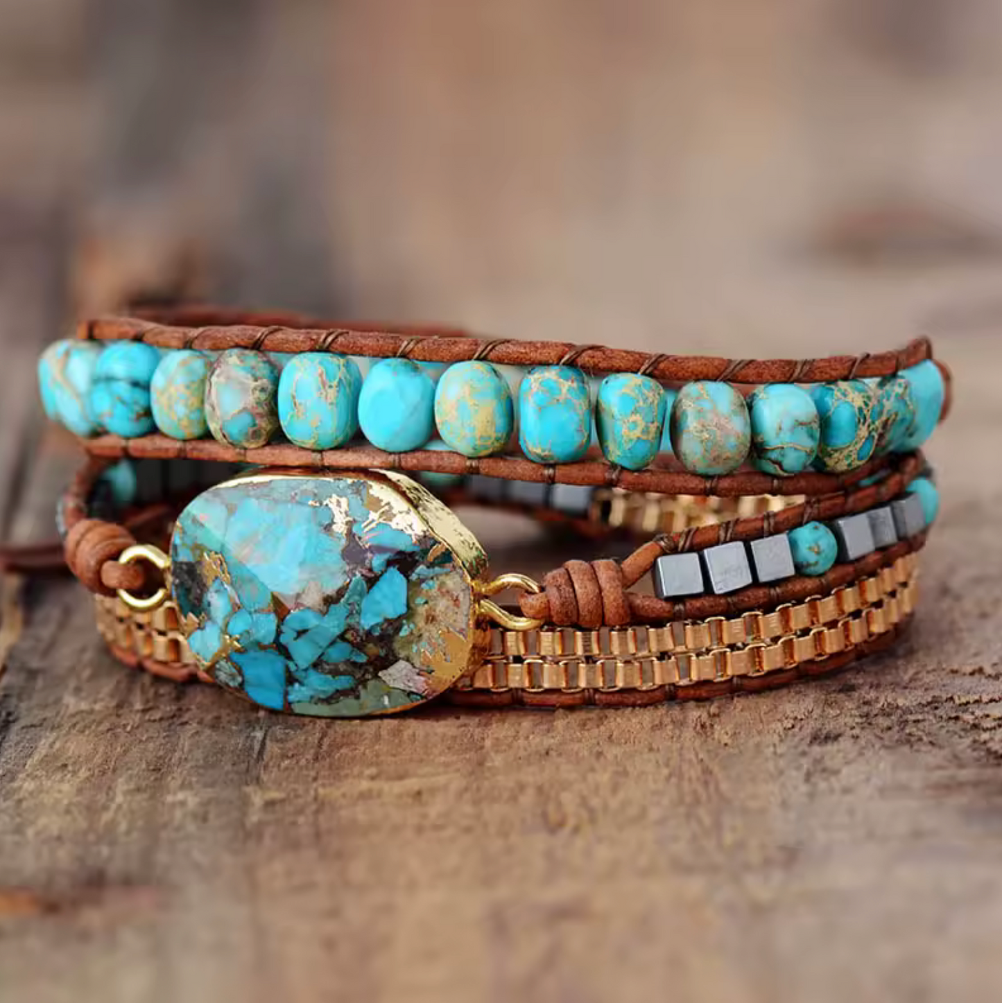 Turquoise Jasper Leather Stone Wrap Bracelet
