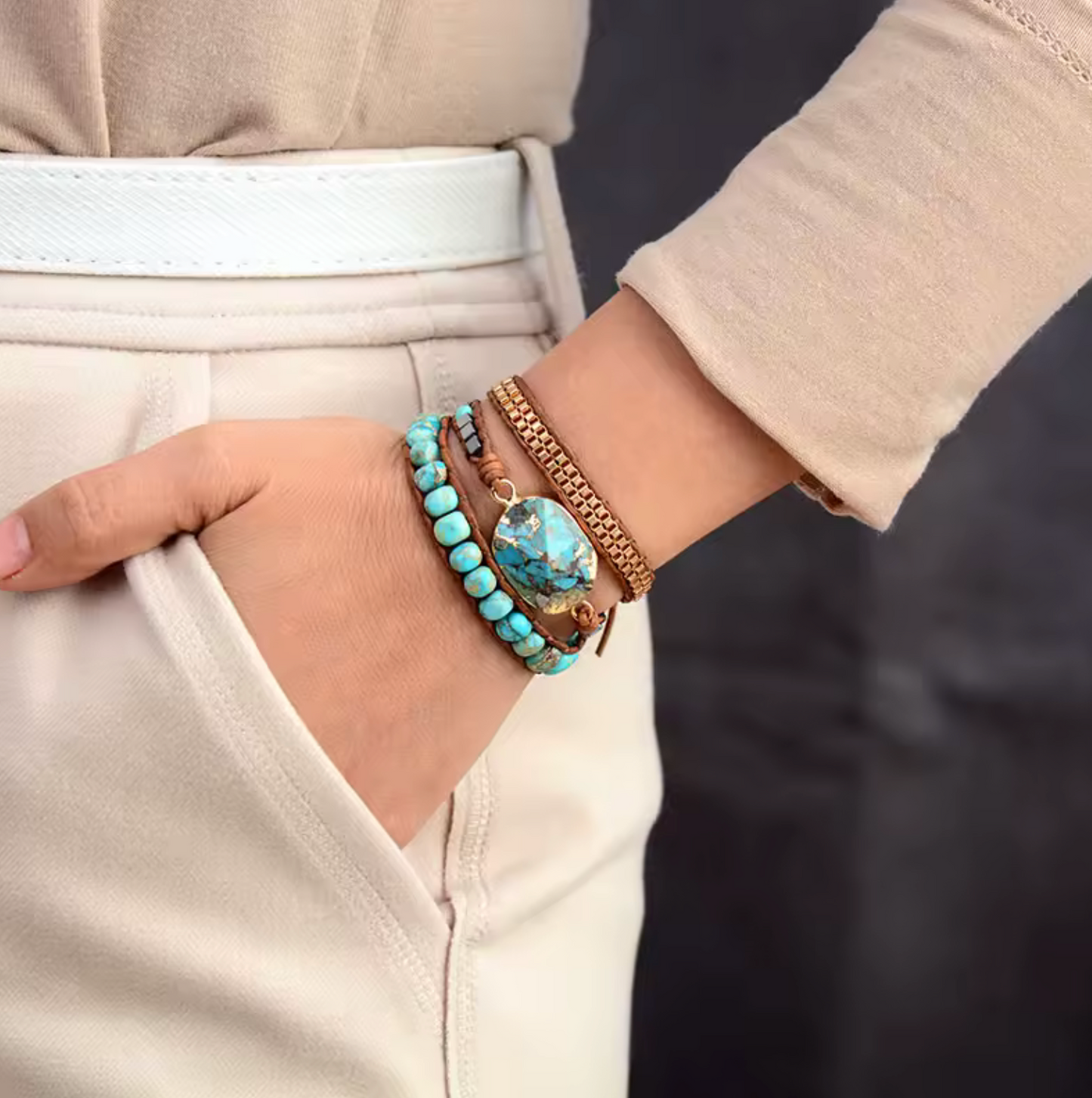 Turquoise Jasper Leather Stone Wrap Bracelet