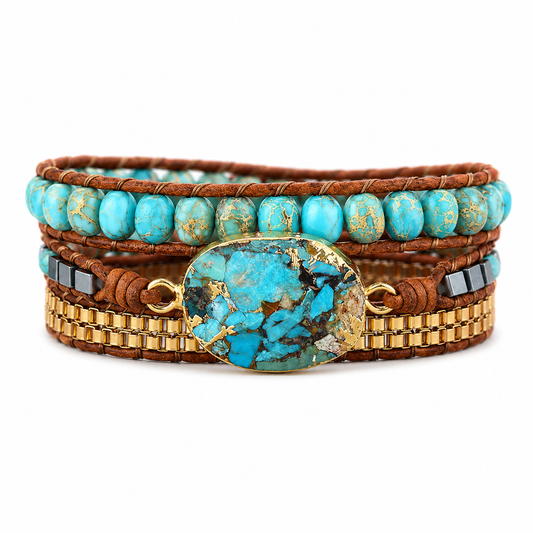 Turquoise Jasper Leather Stone Wrap Bracelet