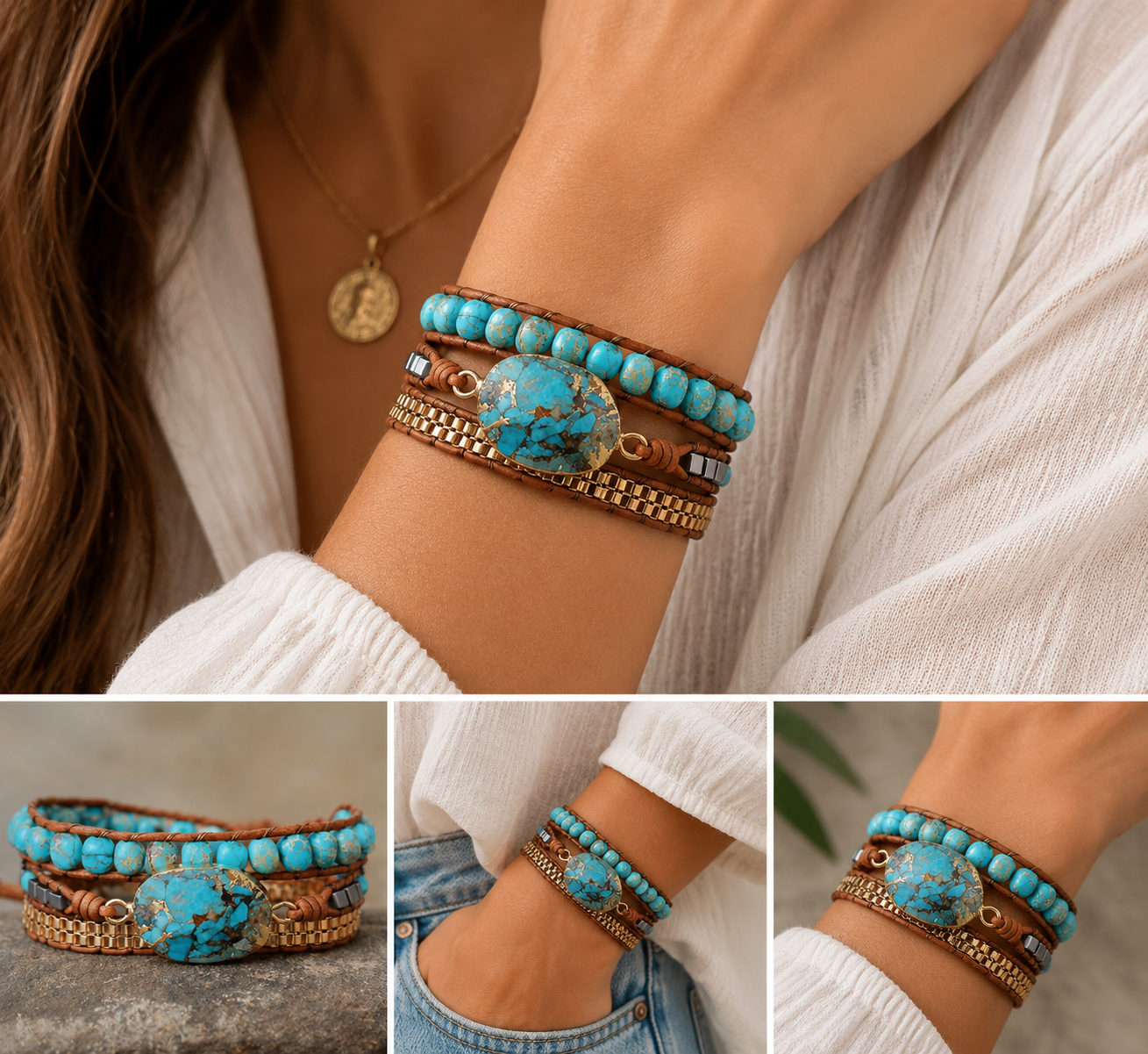 Turquoise Jasper Leather Stone Wrap Bracelet