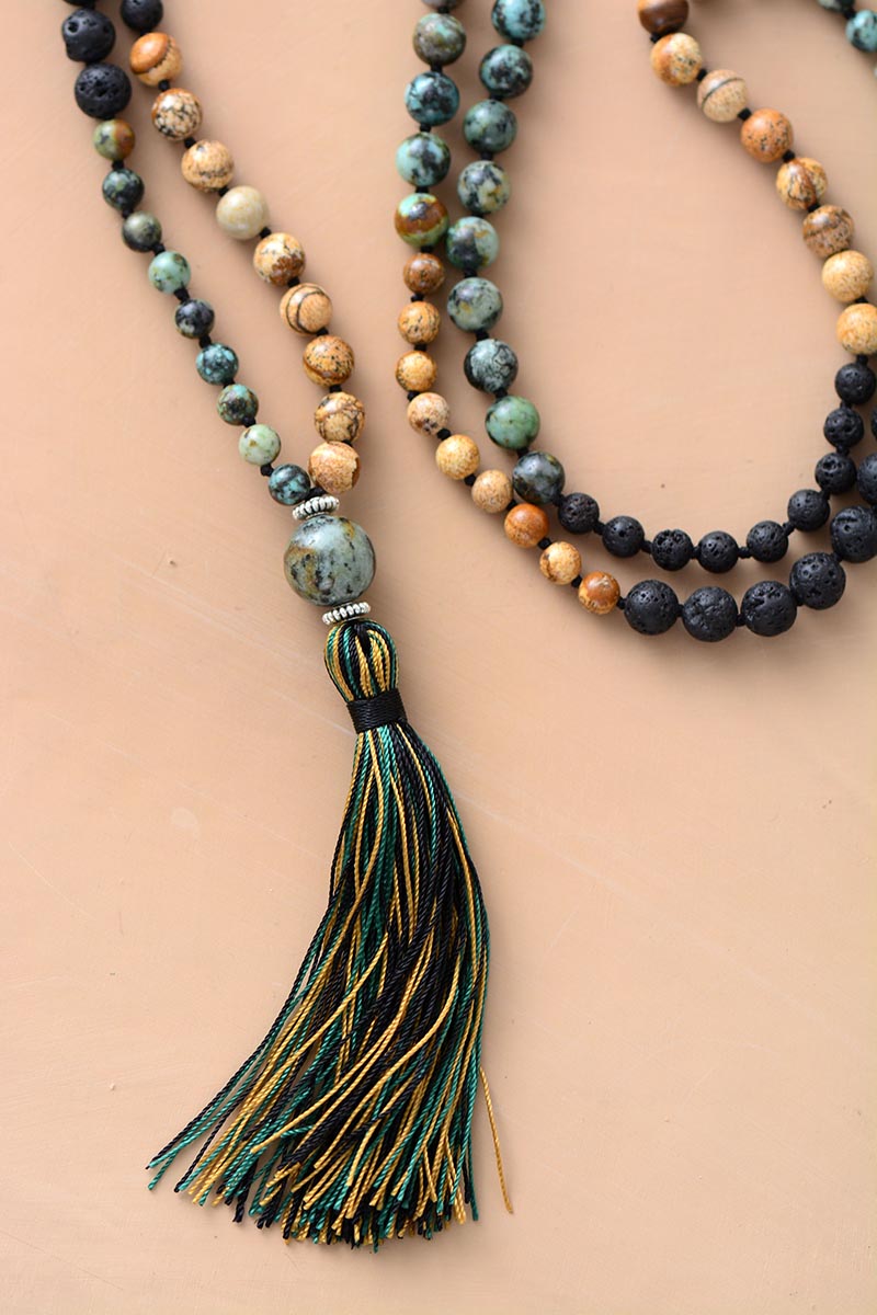 Jasper Lava Bead Stone Long Necklace With Tassel