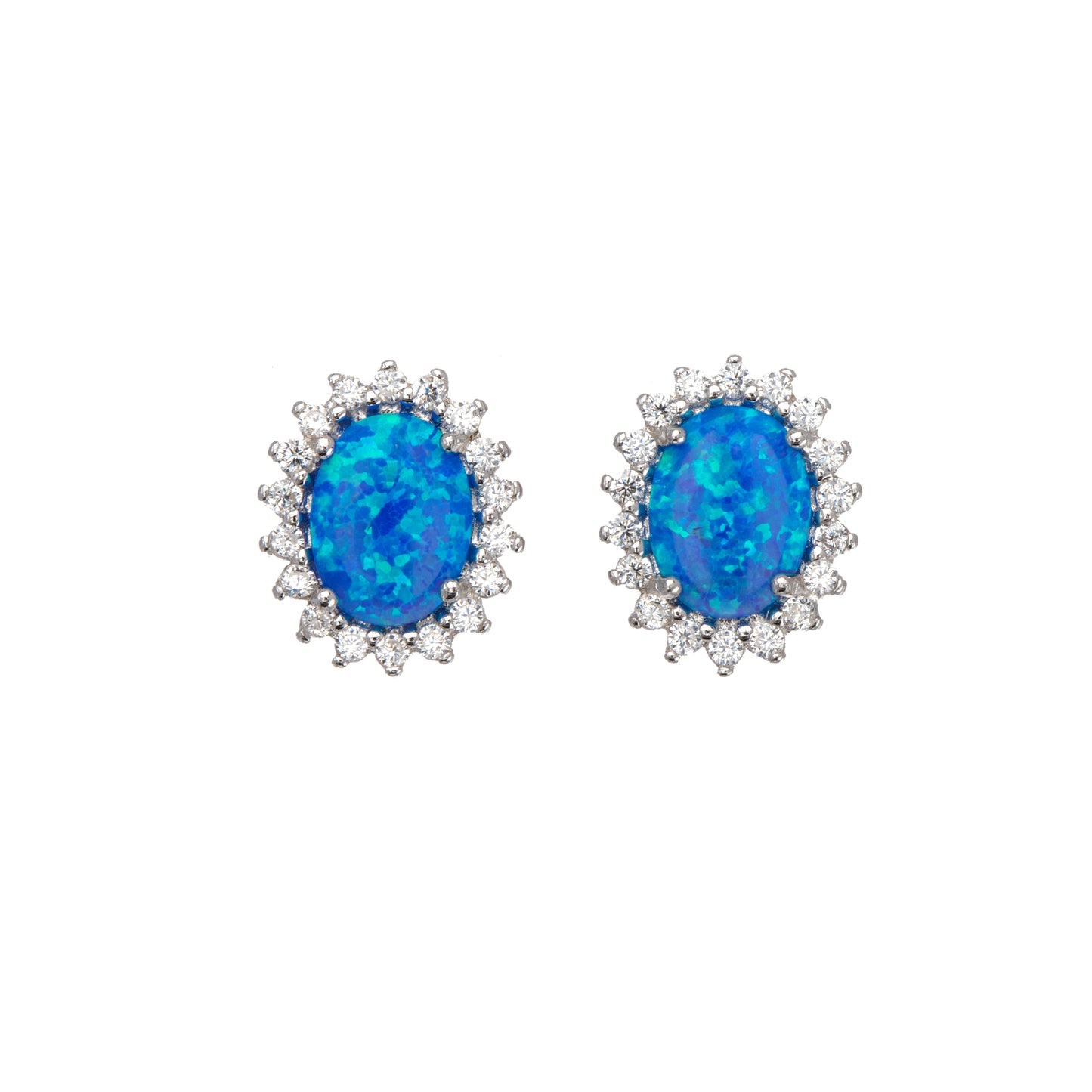 Sterling Silver & Blue Oval La-Created Opal Stud Earrings