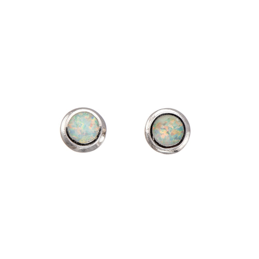 Sterling Silver Round Stud Earrings with White Lab-Created Opal