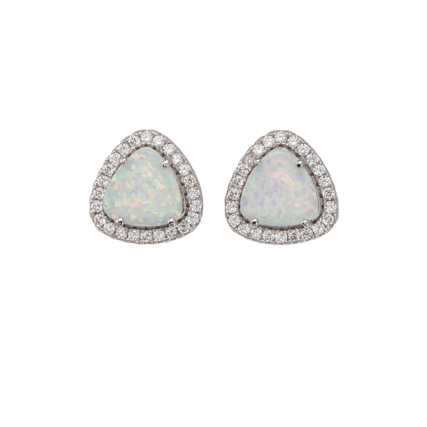 Sterling Silver & Cubic Zirconia Triangular Stud Earrings with Lab-Created White Opal