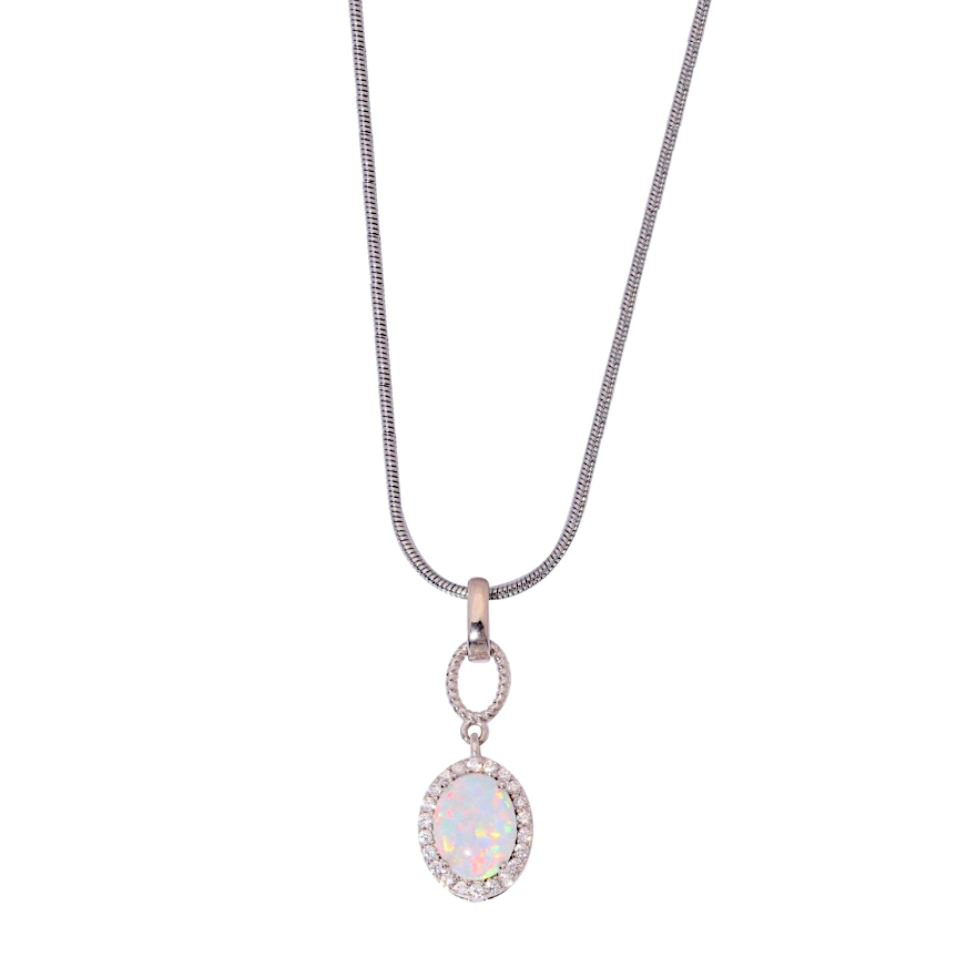 Sterling Silver & White Opal Halo Pendant Necklace