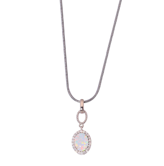 Sterling Silver & White Opal Halo Pendant Necklace