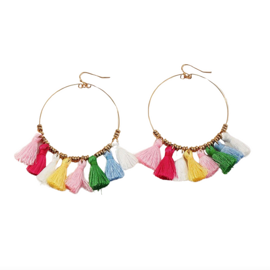 Goldtone Multi Colored Tassel Hooped Earrings