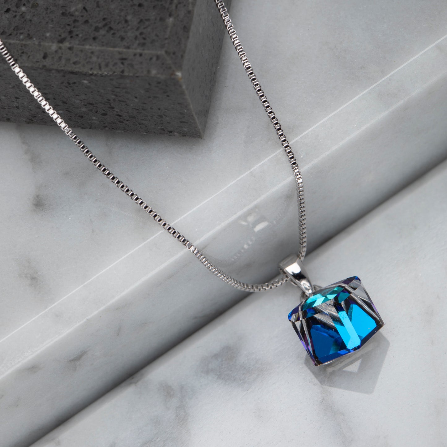 Silvertone Cube Crystal Pendant Necklace