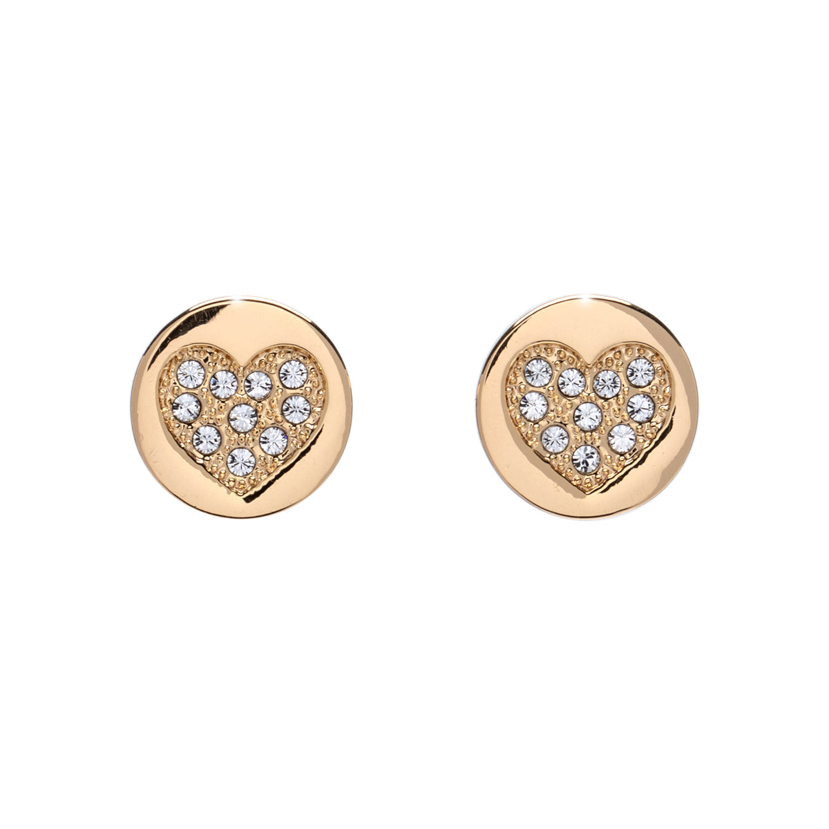 Gold heart stud earrings with Swarovski crystals, gift-ready holiday box by callura