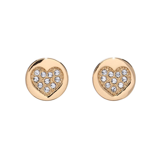 Gold heart stud earrings with Swarovski crystals, gift-ready holiday box by callura