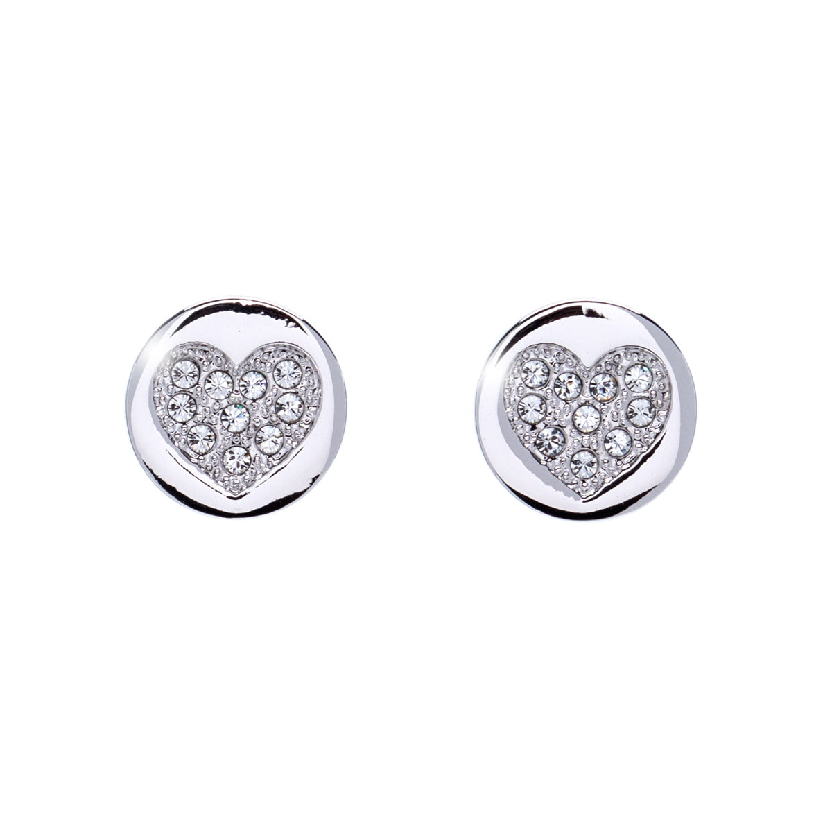 Circular Clear Crystal Pave Heart Stud Earrings