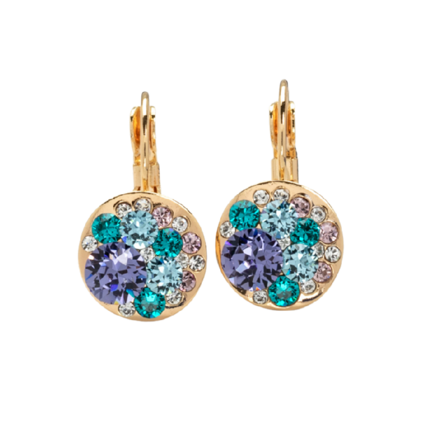Sparkling multi-stone earrings with Swarovski crystals, gold plated, colorful cluster design by callura