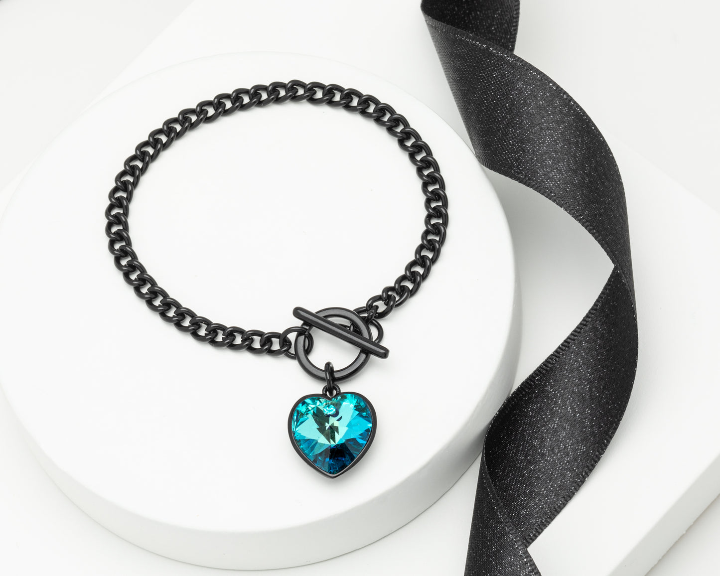 Bermuda Blue Heart Crystal Toggle Bracelet In Gunmetal