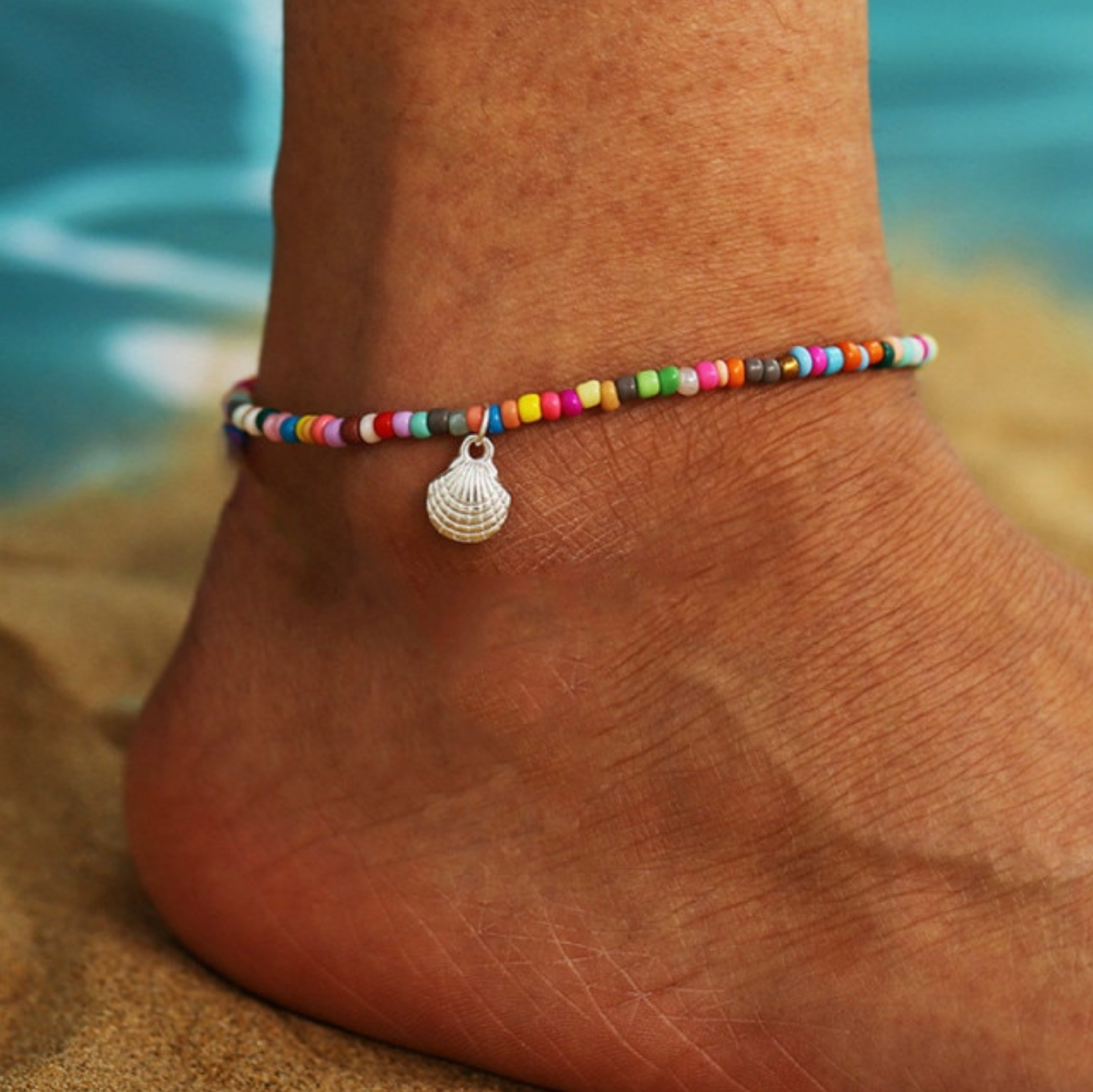 Multi Colored Beaded Silvertone Sea Shell Anklet