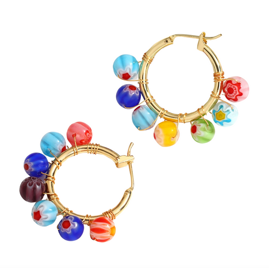 Goldtone Multi Colored Beaded Hoop Earrings