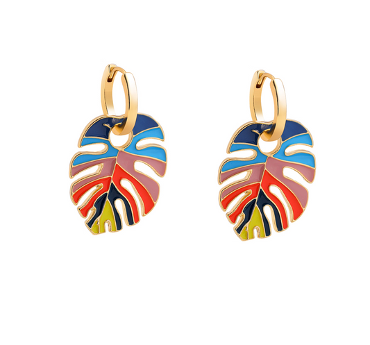 Goldtone Monstera Multi Colored Leaf Hoop Earrings