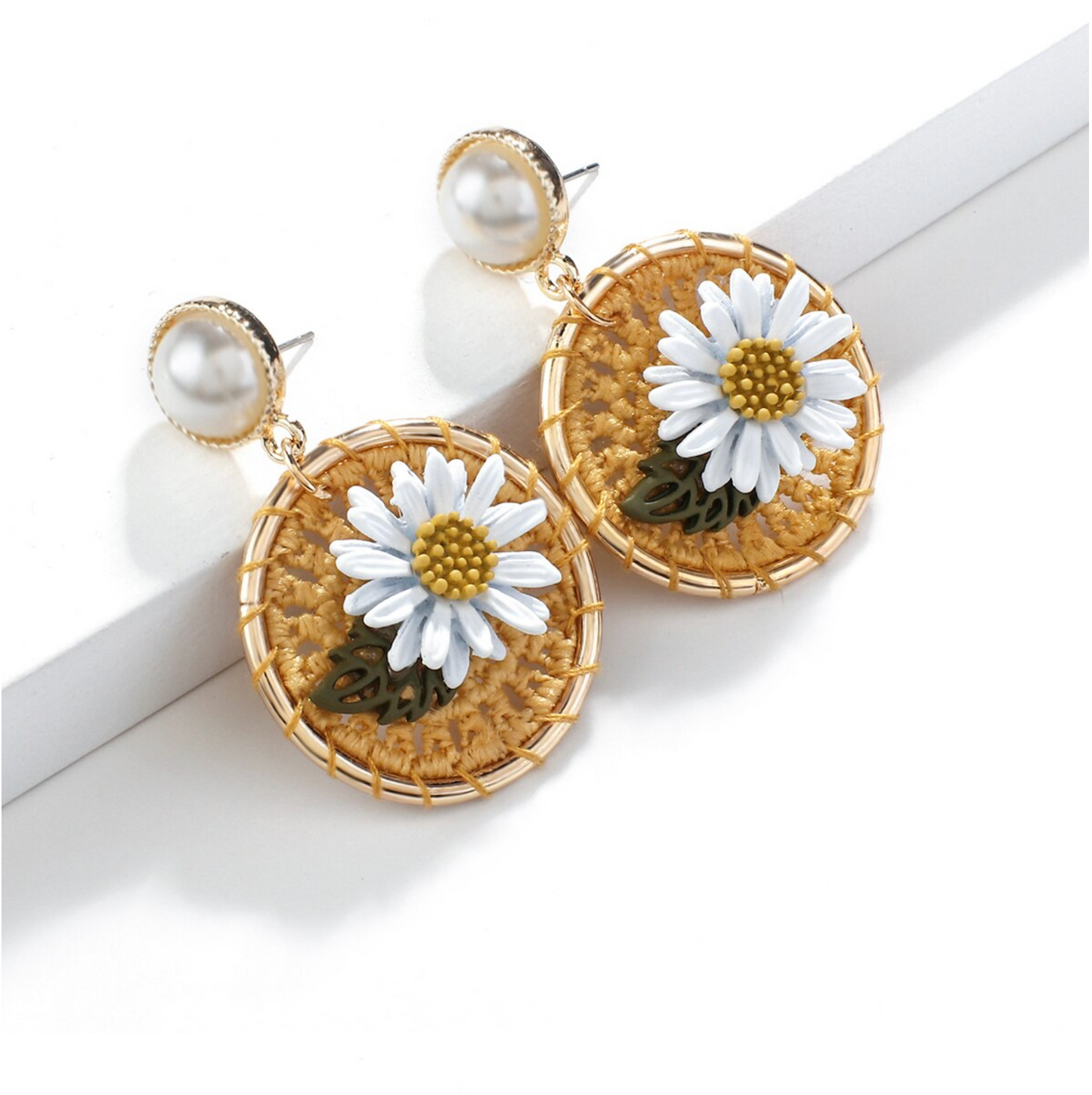 Beige Woven White Daisy Circular Drop Earrings