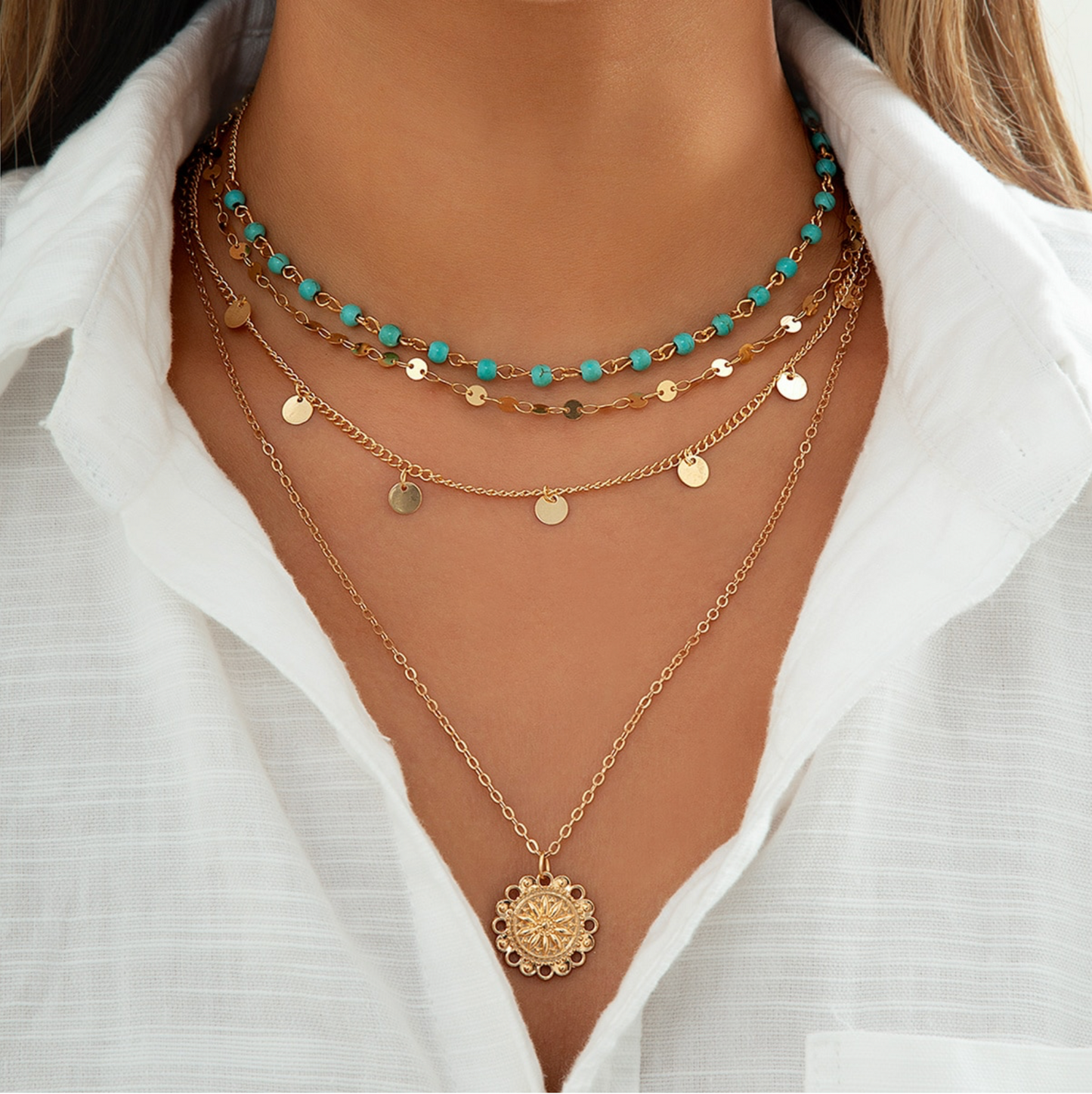 Teal & Goldtone Medallion Pendant Necklace Set