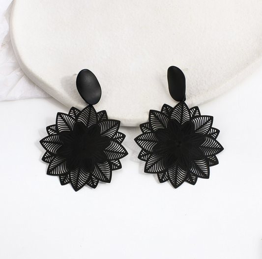 Black Mandala Flower Drop Earrings