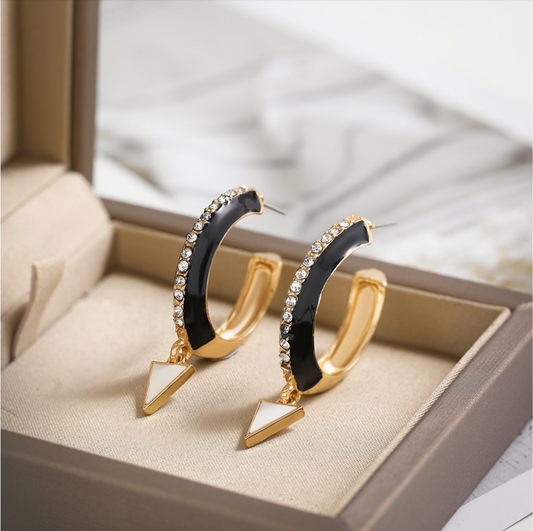 Black Crystal Hoop Earrings With White Spike