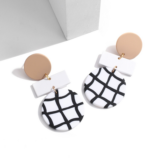 Beige White Black Circular Drop Earrings