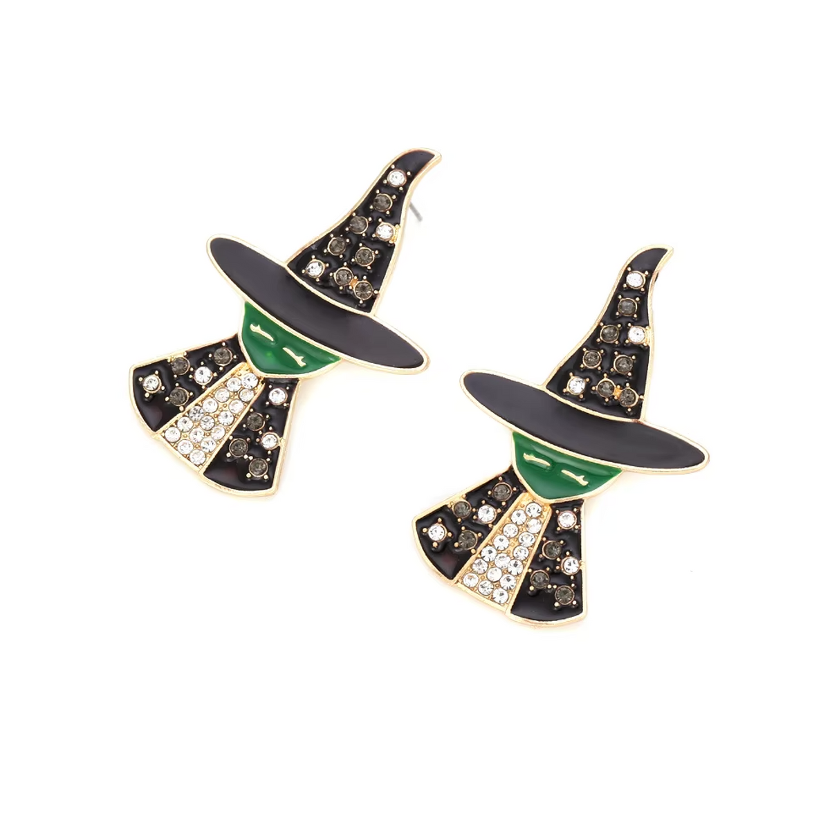 Angled view of green and black crystal witch earrings