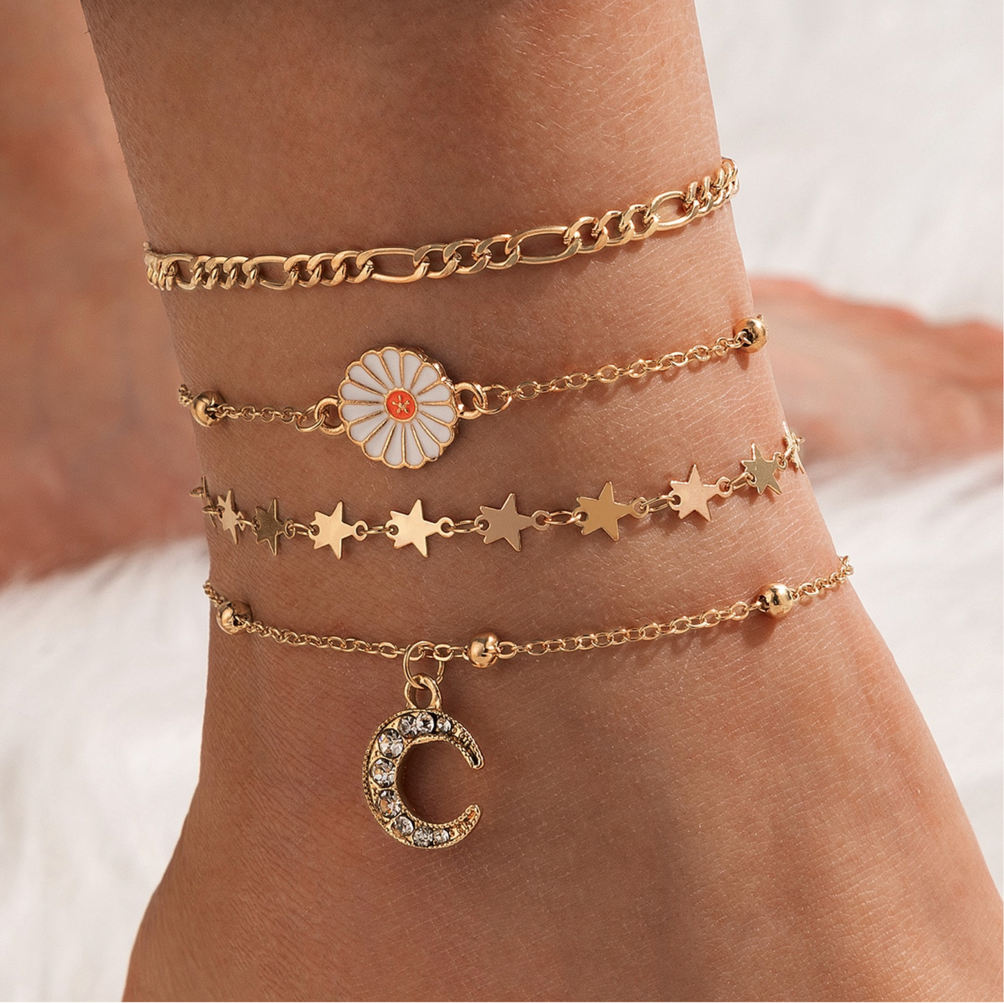 White Crystal Goldtone Daisy And Crescent Moon Anklet Set