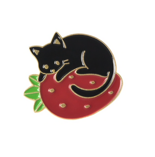 Black Red Cat Strawberry Pin Brooch