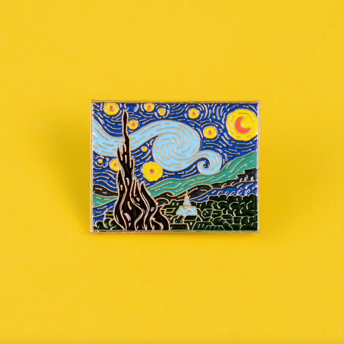Blue and yellow Starry Night art-inspired brooch on a yellow background