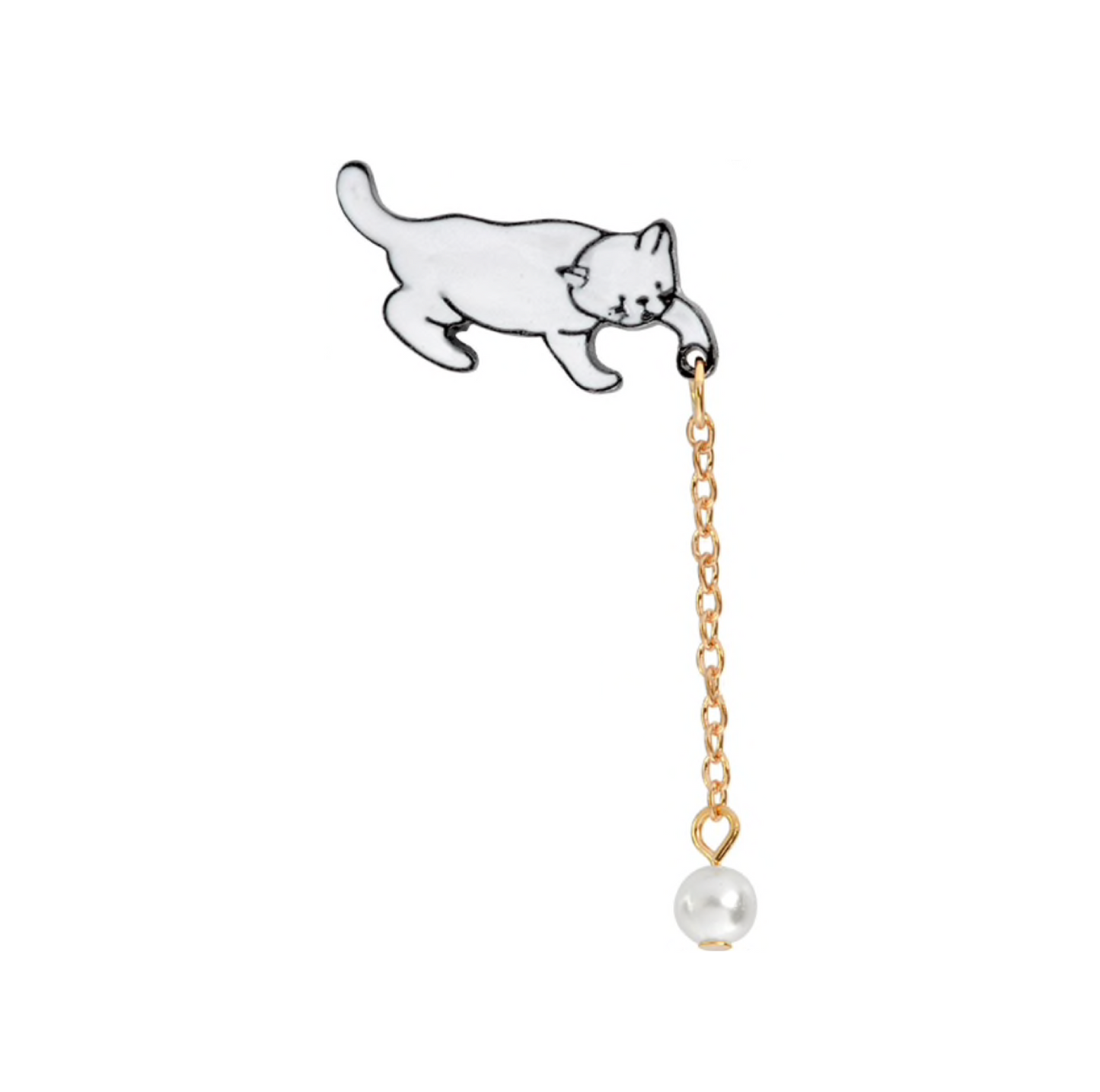 White Imitation Pearl Goldtone Kitten Chain Brooch