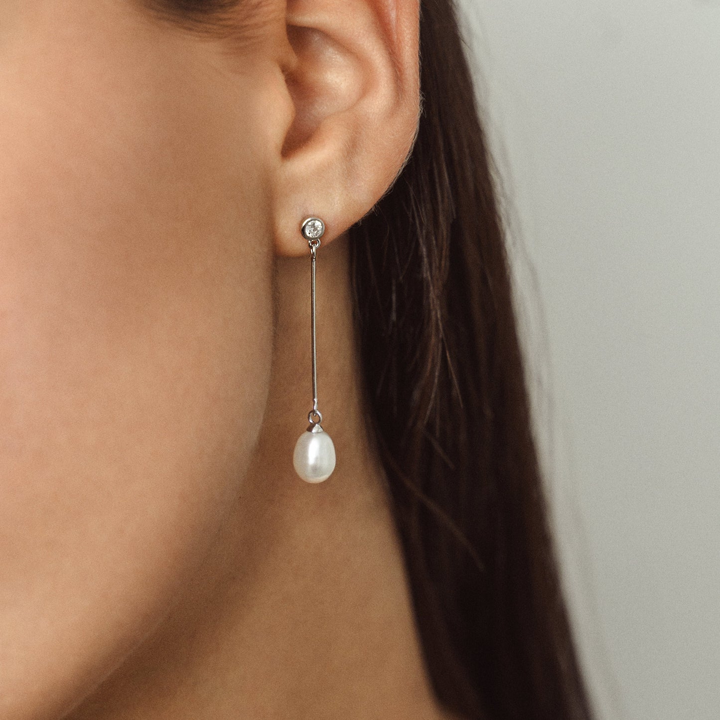 White Freshwater Pearl Dainty Cubic Zirconia Bar Drop Earrings