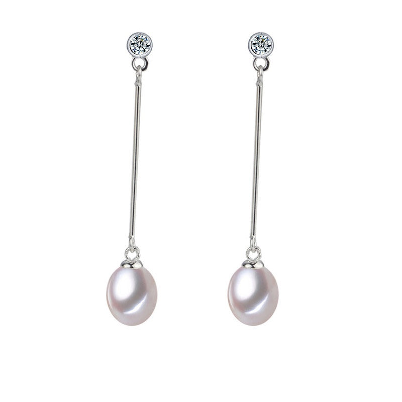 White Freshwater Pearl Dainty Cubic Zirconia Bar Drop Earrings