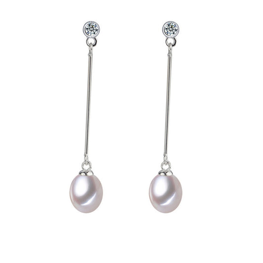 White Freshwater Pearl Dainty Cubic Zirconia Bar Drop Earrings