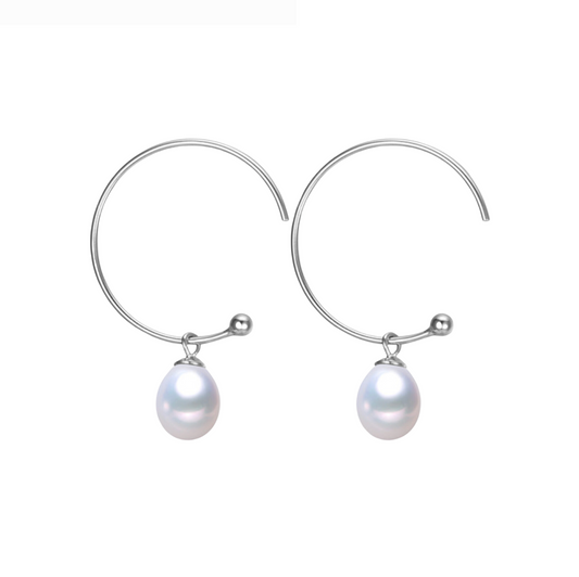 Sterling Silver Hoop White Freshwater Pearl Earrings