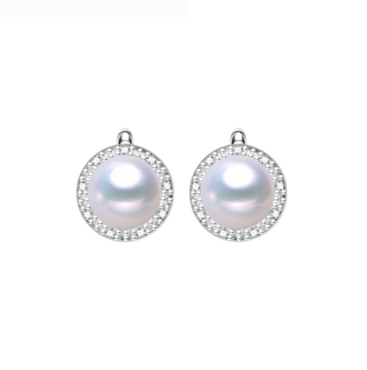 White Freshwater Pearl Cubic Zirconia Circular Stud Earrings