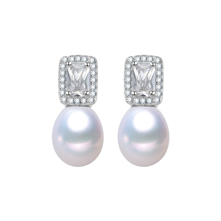 White Freshwater Pearl Square Cubic Zirconia Halo Stud Earrings